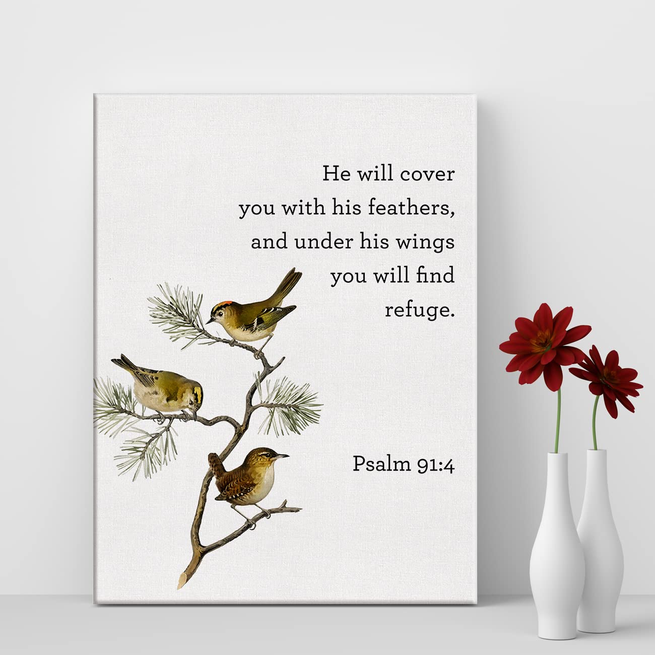 Bible Verse Print Canvas Wall Art Home Decor Bird Psalm 91:4 Scripture Painting 12x15 Canvas Poster Framed Ready to Hang Christi
