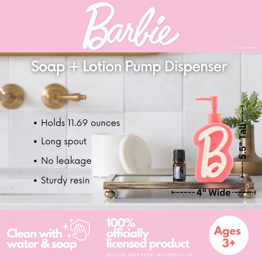 Collectibles Barbie Pink B Monogram Soap/Lotion/Hand Sanitizer Resin Pump Dispenser, 11.69 Ounces, (Officially Licensed Product)