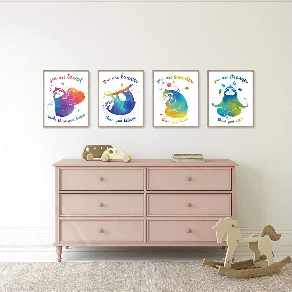 CHIEN-CHI LILI Colorful Sloth Inspirational Words Watercolor Art Print Set of 4 (8X10)  Sloth art Poster for Boys & Girls  Nursery  Kids Bedroom Home Wall Decor  No Frame