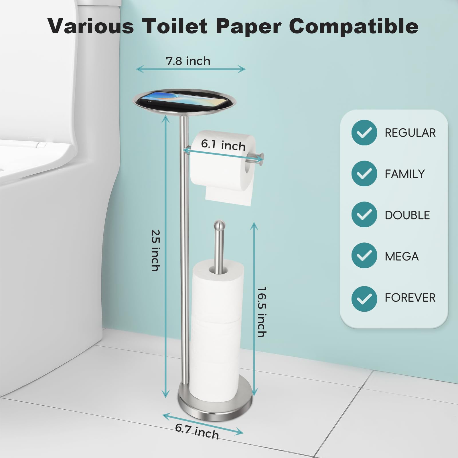 Sfemn Freestanding Toilet Paper Stand with Shelf, Brushed Nickel, Stainless Steel, Model TPH001