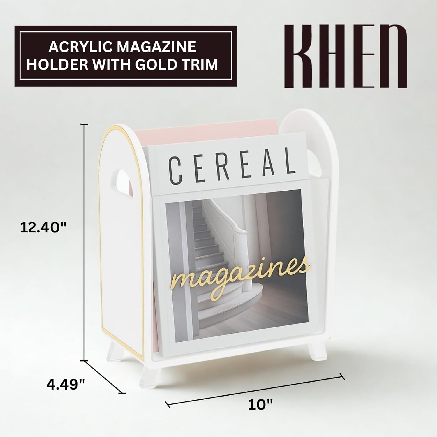 Khen Acrylic Magazine Holder with Gold Trim - 12.40" x 10" x 4.49"