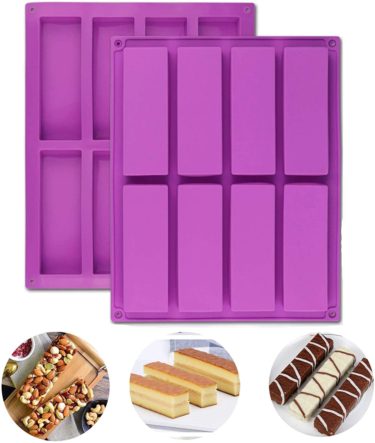 Bamutu Large Rectangle Granola Bar Silicone Mold 2Pcs 8 Cavity Nutrition Cereal Bar Moulds, Energy Bar Make For Muffin Brownie C