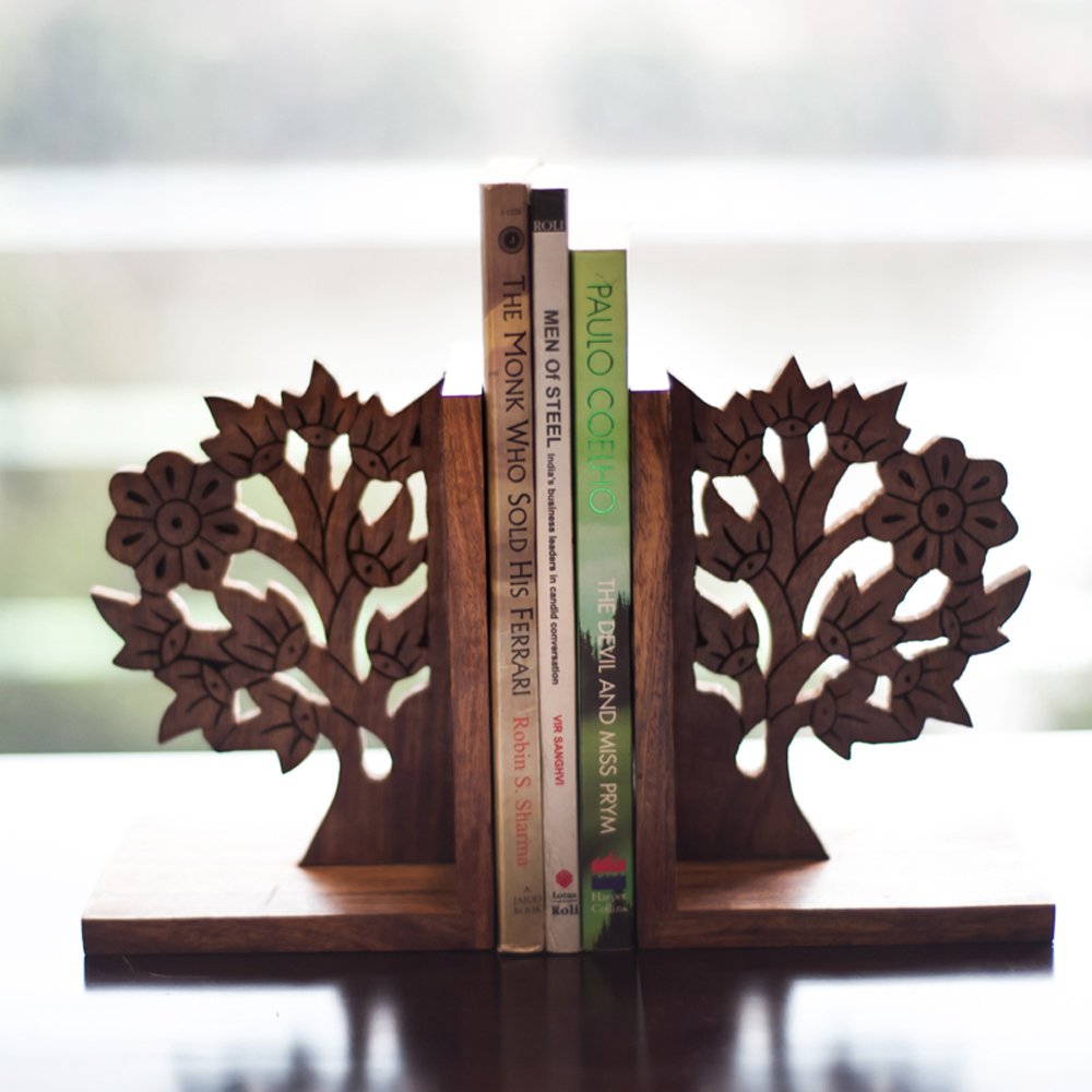 Exclusivelane Engraved Tree Handcrafted Wooden Book Ends For Shelf (Sheesham Wood) | Bookends For Heavy Books Shelf For Home B