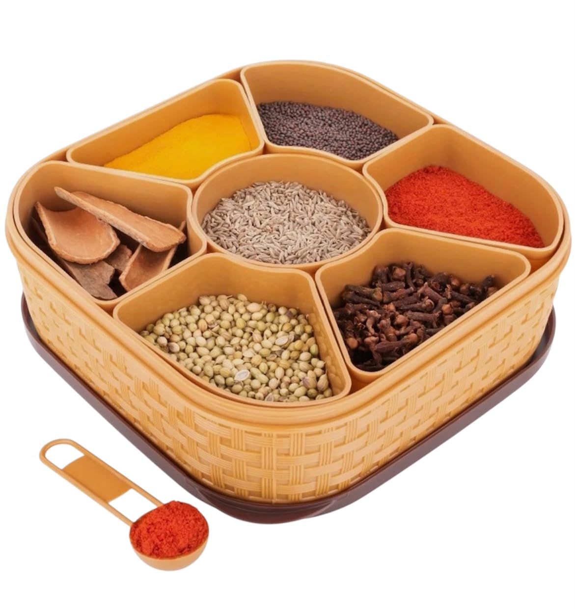 Rosina Plastic Square Spice Box, 7Section Masala Dabba With Spoon, Brown, Multipurpose Storage