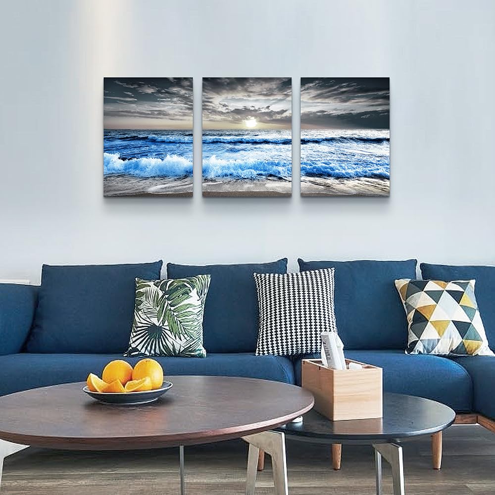 Mhartk66 Black And White Wall Art For Living Room Blue Sea Waves Canvas Wall Decor For Home Decor Artwork Painting 16'' X 24'' 3
