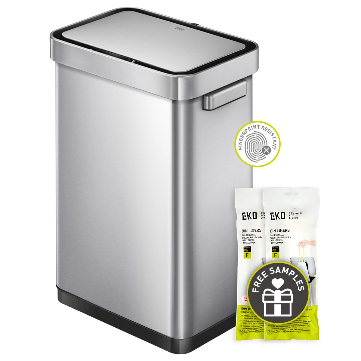 Eko Deluxe Mirage-T 50 Liter / 13.2 Gallon Touchless Rectangular Motion Sensor Trash Can, Matte Stainless Steel Finish