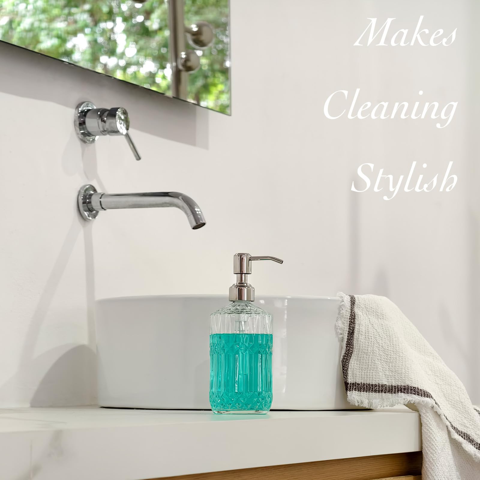 Jasai 18 Oz Embossed Clear Glass Soap Dispenser With Rust Proof Pump, Refillable Dish Soap Dispenser For Kitchen, Premium Bathro