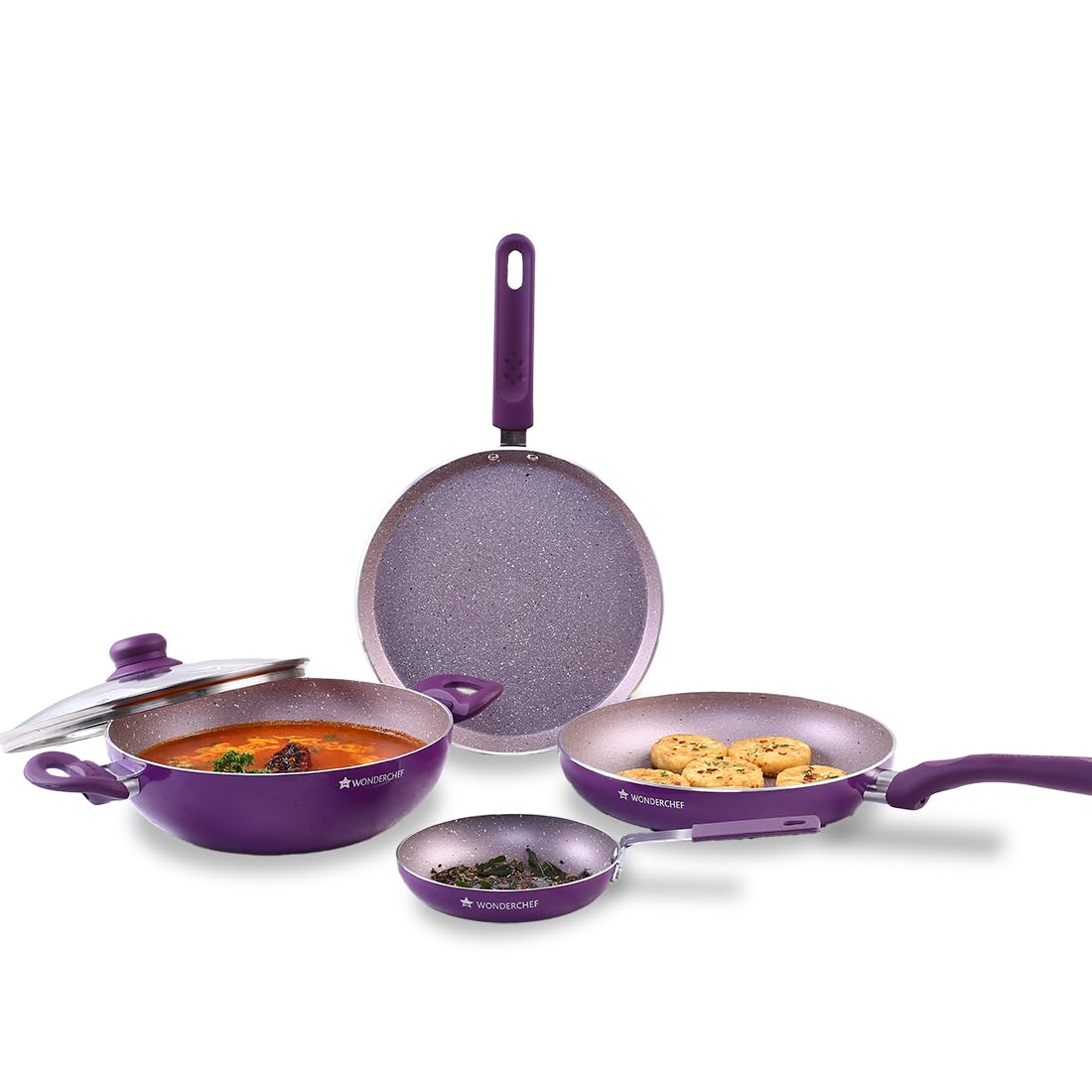 Wonderchef Royal Velvet NonStick 5Pcs Cookware Set Fry Pan With Lid, Kadhai, Dosa Tawa, Mini Fry Pan|Induction Ready|SoftTouc