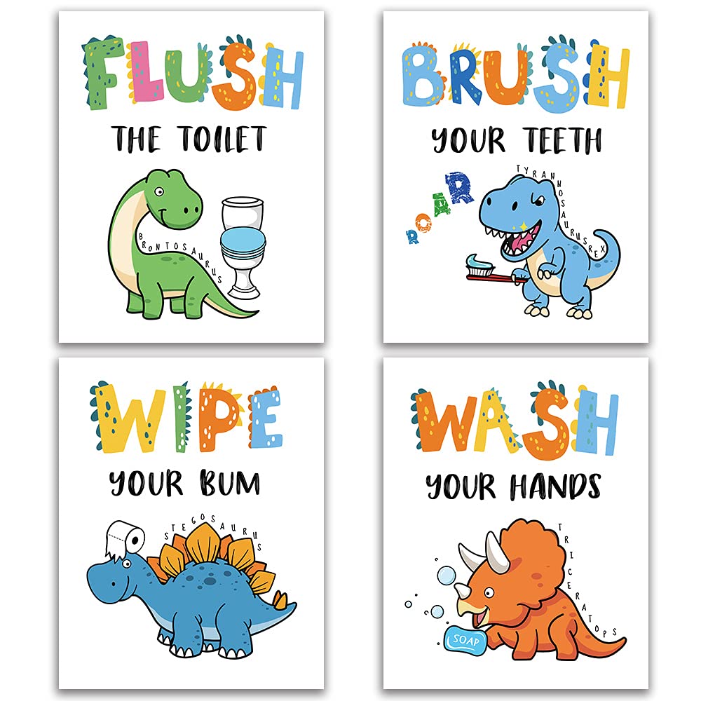Dinosaur Bathroom Decor, Funny Dinosaur Themed Bathroom Inspirational Quotes Art Print Humorous Quotes Painting, Set Of 4 (8   X