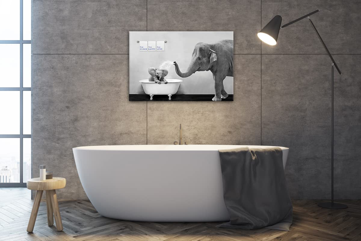 Piy Painting Elephant Bathroom Decor Wall Art, Funny Canvas Prints Of Mother And Child Playing Water In Bath Crock, Warm Bathtub