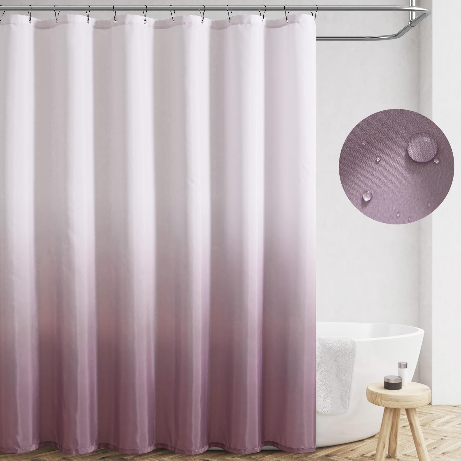 Jicnhan Mauve Ombre Shower Curtain, Waterproof Fabric Shower Curtains For Bathroom, Modern Gradient Color Shower Curtain Set Wit