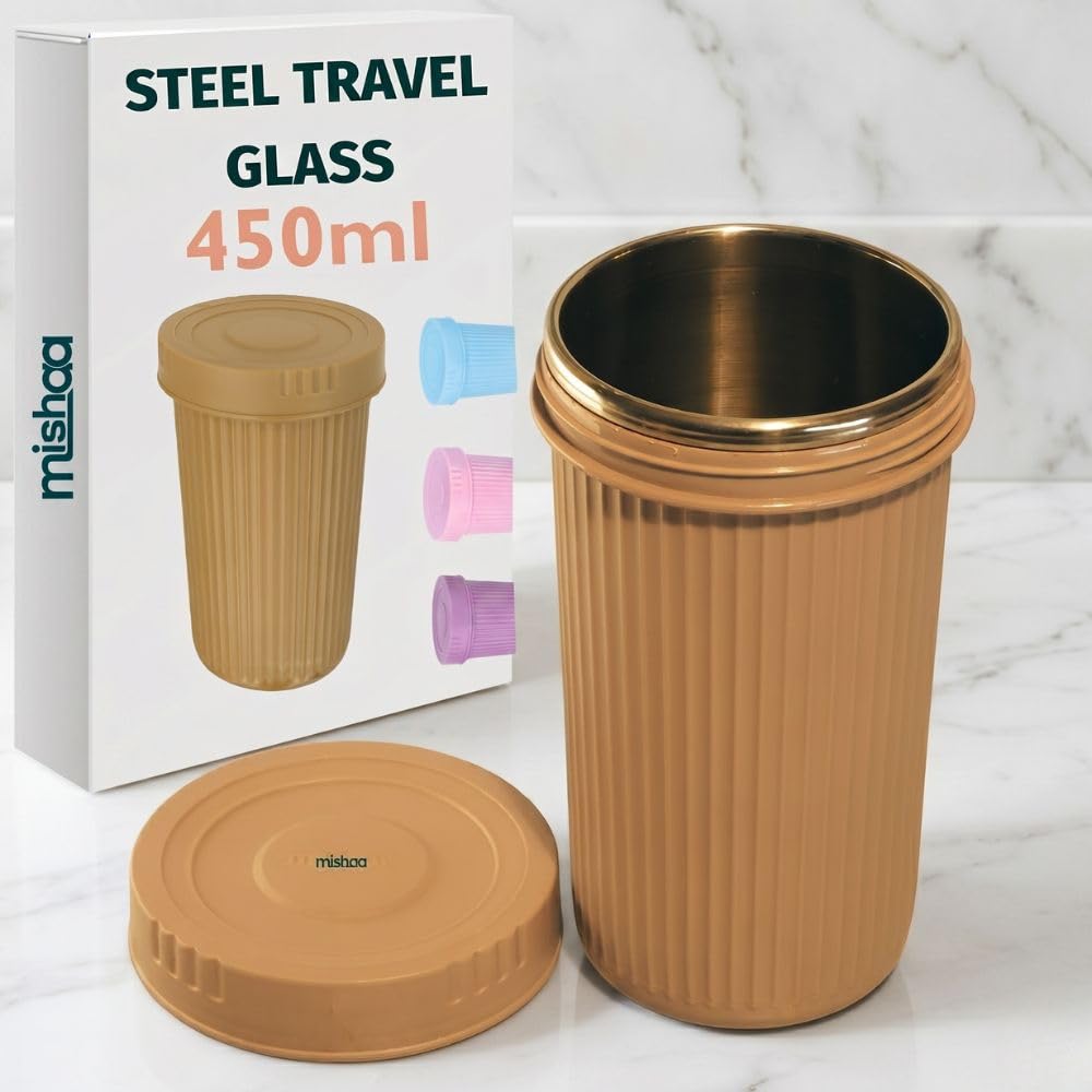 Mishaa Double Wall Steel Tumbler With Lid 450Ml | Leakproof Travel Cup For Kids & Adults | Reusable Mini Bottle For School, Offi