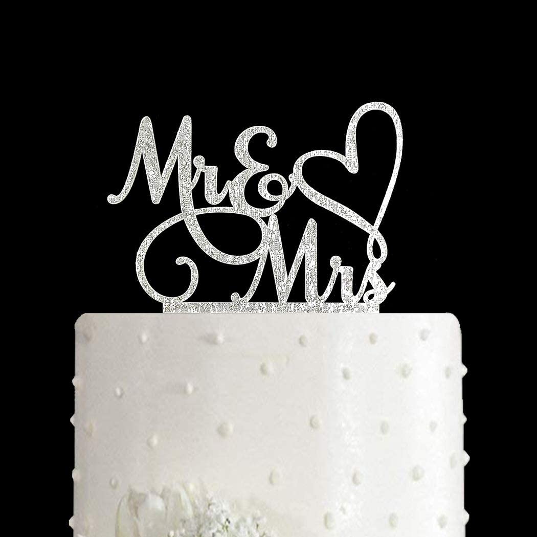 AMINJIE Mr and Mrs Cake Topper Decoration For Bride and Groom Sign Wedding/Engagement   Silver Glitter Acrylic