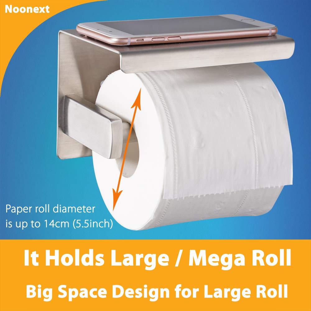 Adhesive Toilet Paper Holder With Shelf, Toilet Paper Roll Holder Wall Mounted, Fits Mega Roll, Stainless Steel Tissue Roll Disp