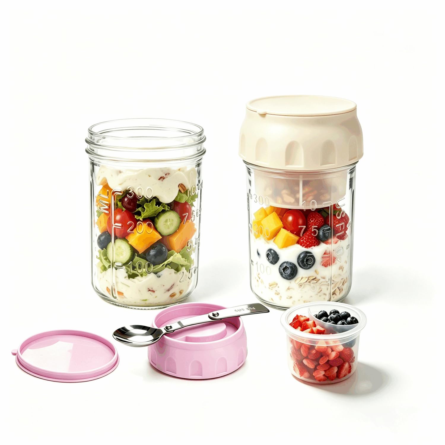 Overnight Oats Containers with Lids and Spoon 2 Pack, 16oz Leakproof Glass Oat Over night Jar with Seperate Compartment for Frui