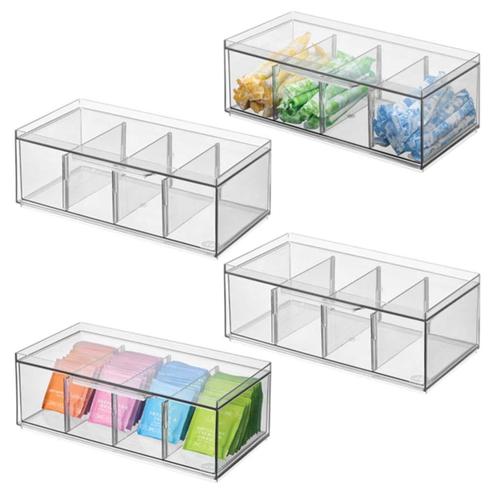 iDesign XL Storage Drawer Organizer for Counter or Cabinet, 4-Section, Clear, 4-Pack