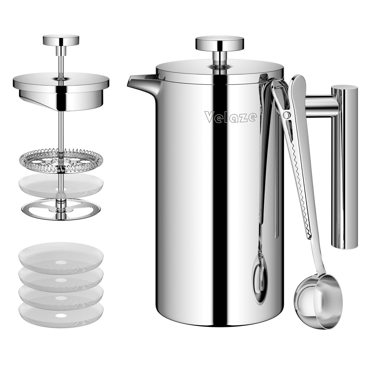 Velaze French Press Coffee Maker 34Oz, Double Wall Insulated French Coffee Press Stainless Steel, 1L Coffee Maker Included 4 Ext