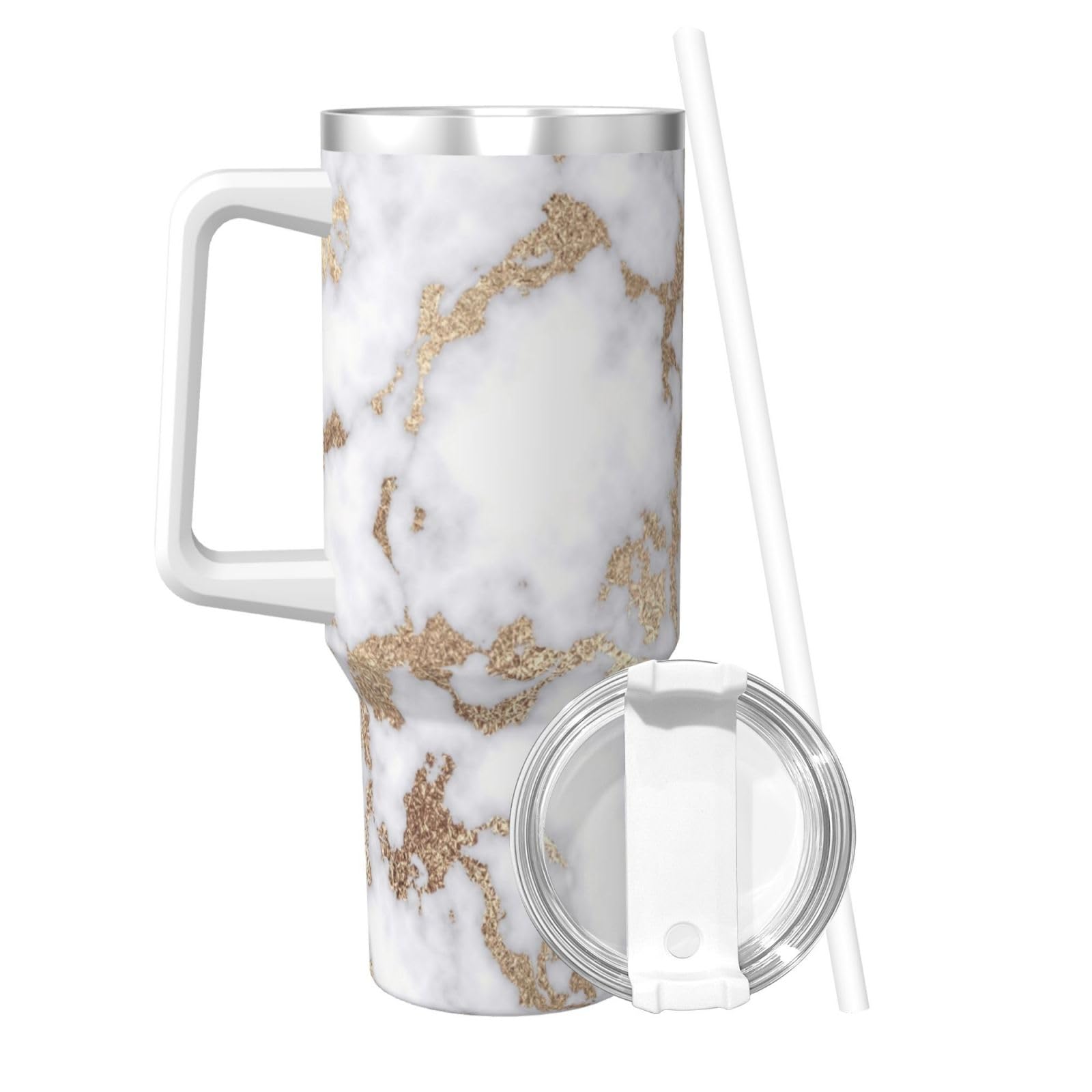PTONUIC modern chic white gold foil marble 40 oz Tumbler with Handle and Straw Lid | Insulated Cup Reusable Stainless Steel Wate
