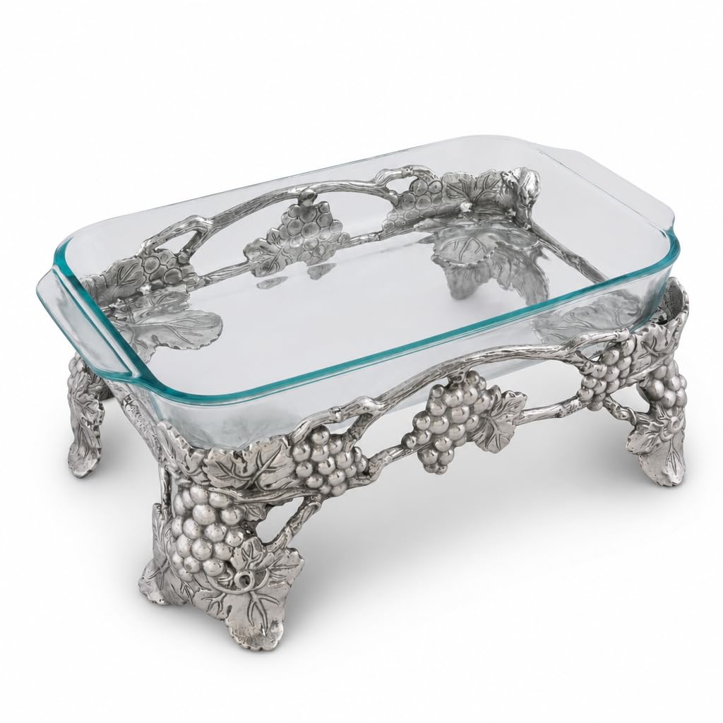 Arthur Court Elevated Grape Pyrex Holder 3qt  Sand Cast Aluminum Casserole Dish Stand  Elegant Buffet Serving  15 Inch Long