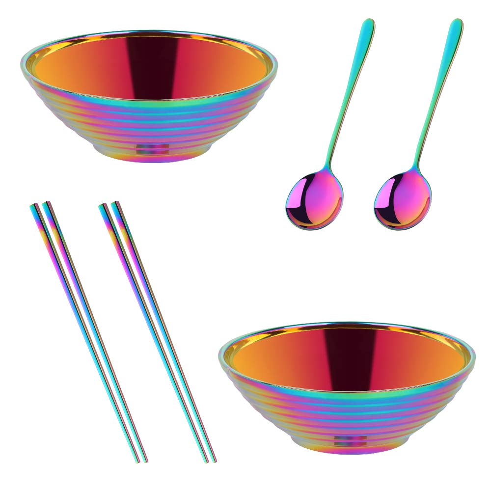 Buy Things! Ramen Noodle Soup Bowl,2 Sets Double Layer 18/8 Stainless Steel Bowl(7.09 Inch), With Matching Spoon And Chopsticks