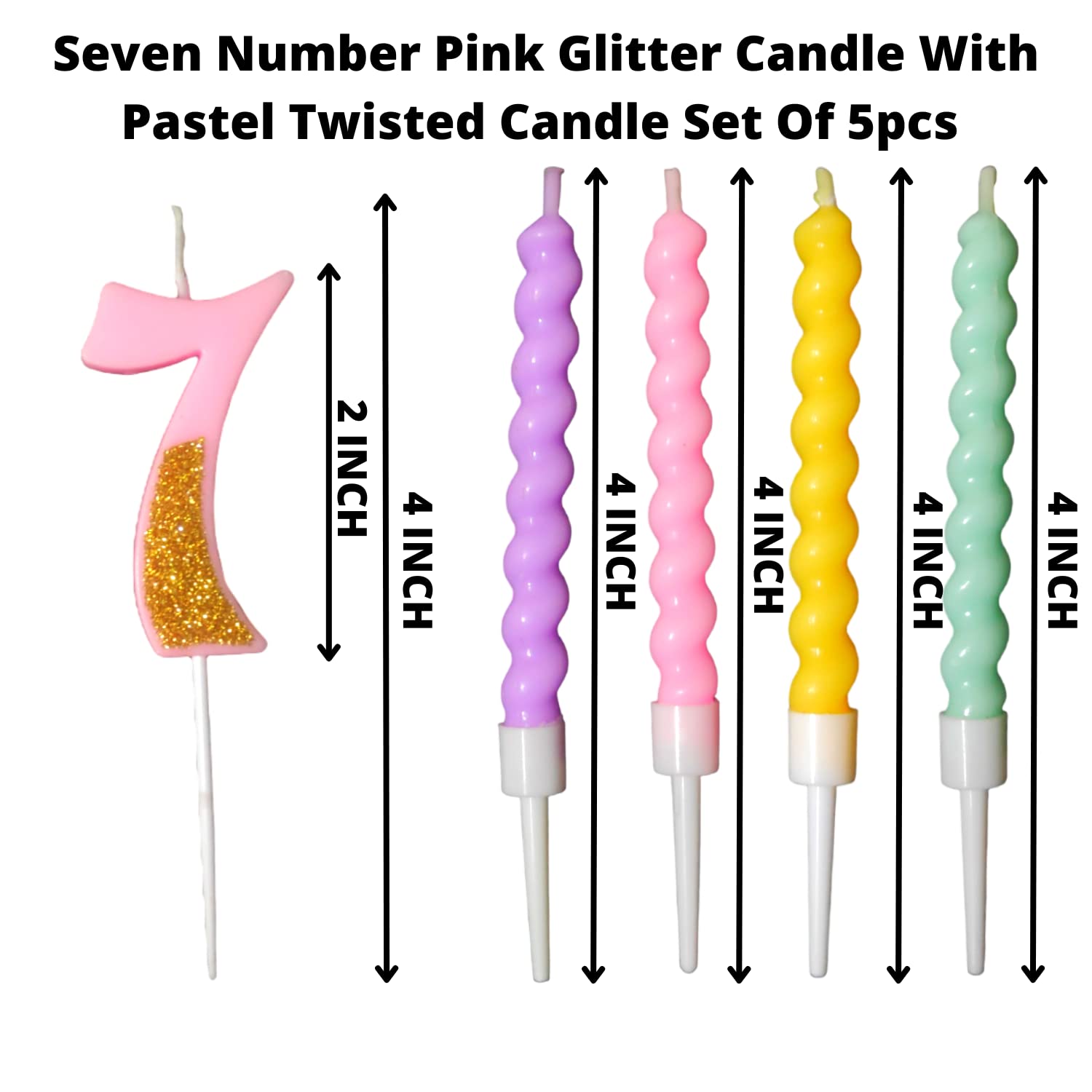 Party Decorz Number 7 Candle | Seven Number Candle | Seven Number Pink Glitter Candle with Pastel Twisted Candle Set of 5pcs for