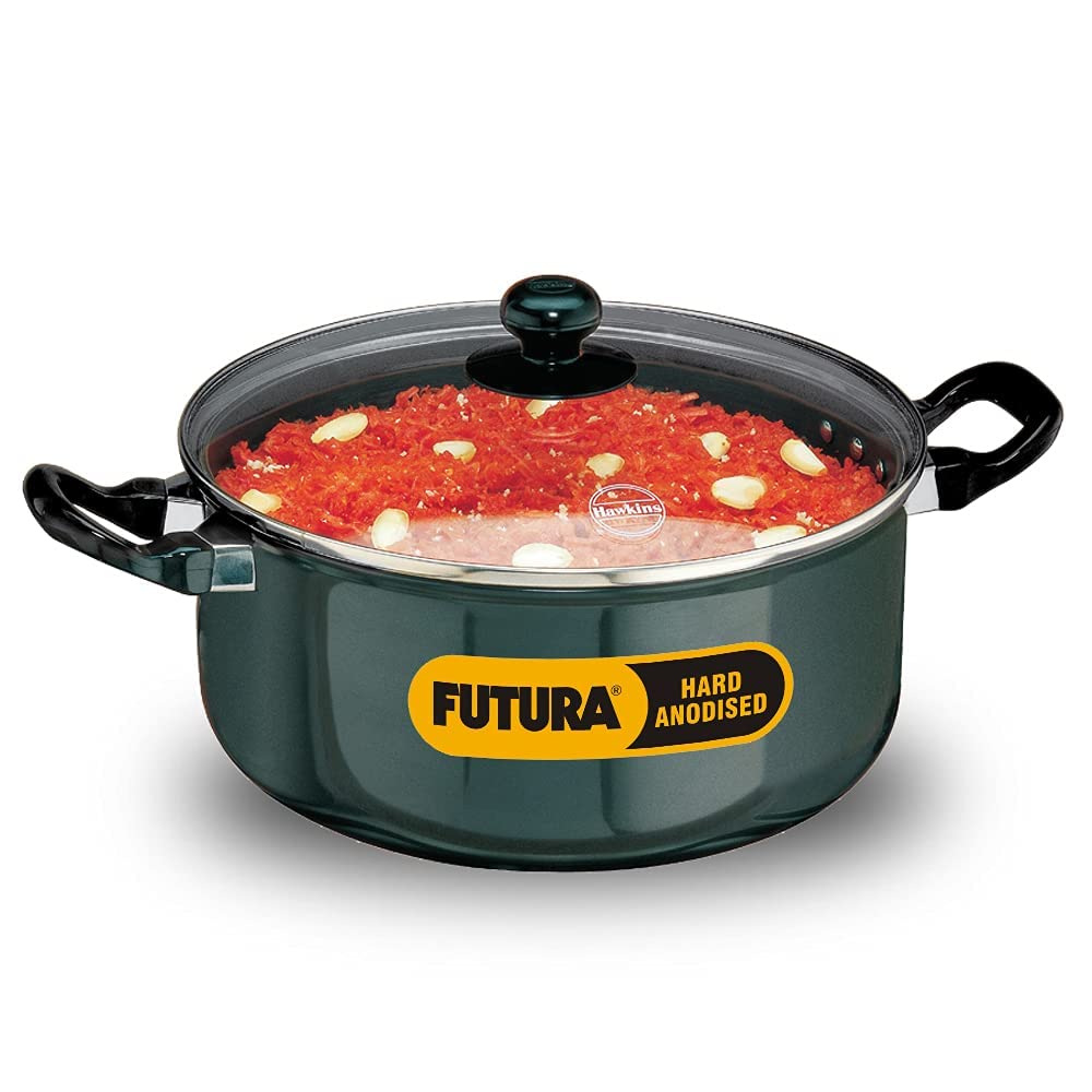 Hawkins Futura Hard Anodised Cook-n-Serve Stewpot with Glass Lid, Capacity 5 Litre, Diameter 24 cm, Thickness 4.06 mm, Black (AS