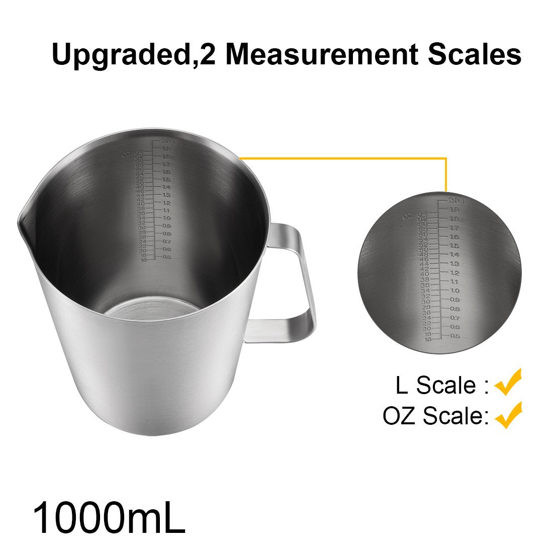 Uxcell Measuring Cup 2000Ml 64Oz, 2 Measuring Scales, Including Ml Scale, Ounce Scale, 304 Stainless Steel Graduated Beaker With