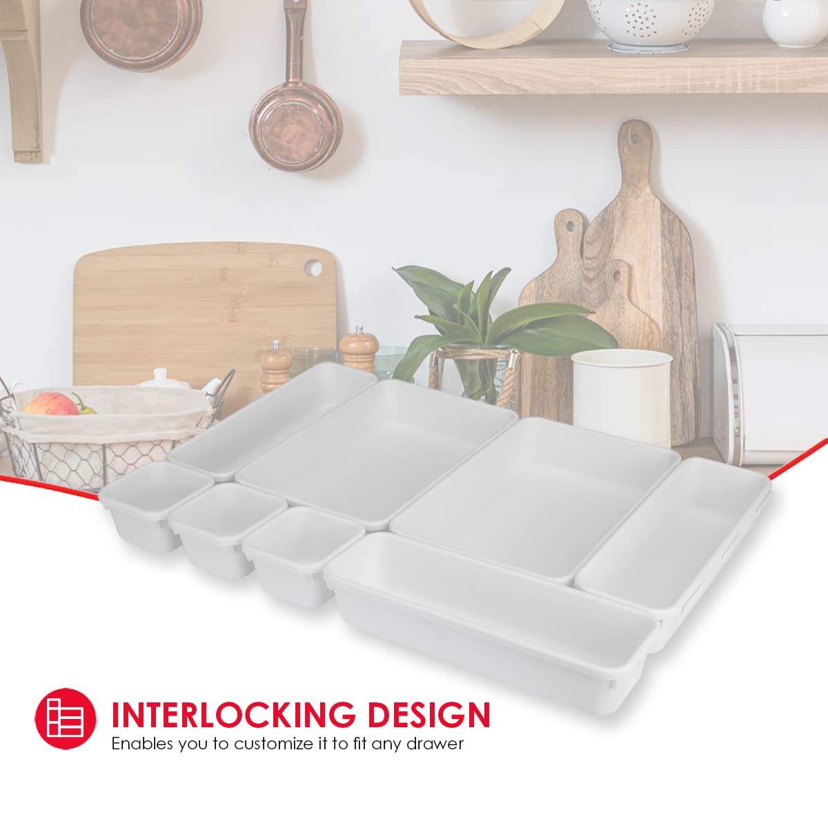 Home Basics 8 Piece Kitchen, Adjustable And Customizable Multi-Drawer Divider Organizer Set Multipurpose Use White