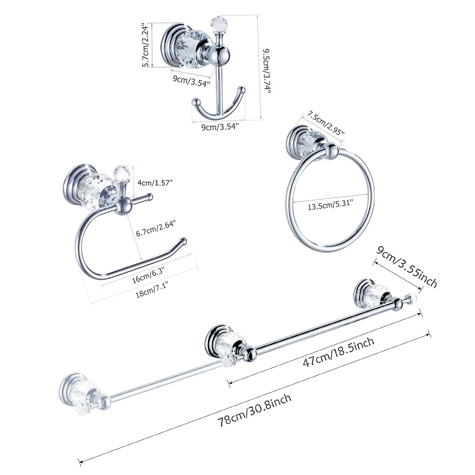 WOLIBEER Crystal Bathroom Accessories  Chrome 24 Inch Towel Bar Set Polished Brass Toilet Paper Holder Towel Ring Coat Hooks Bathroom Hardware 4 Pieces Wall Mounted