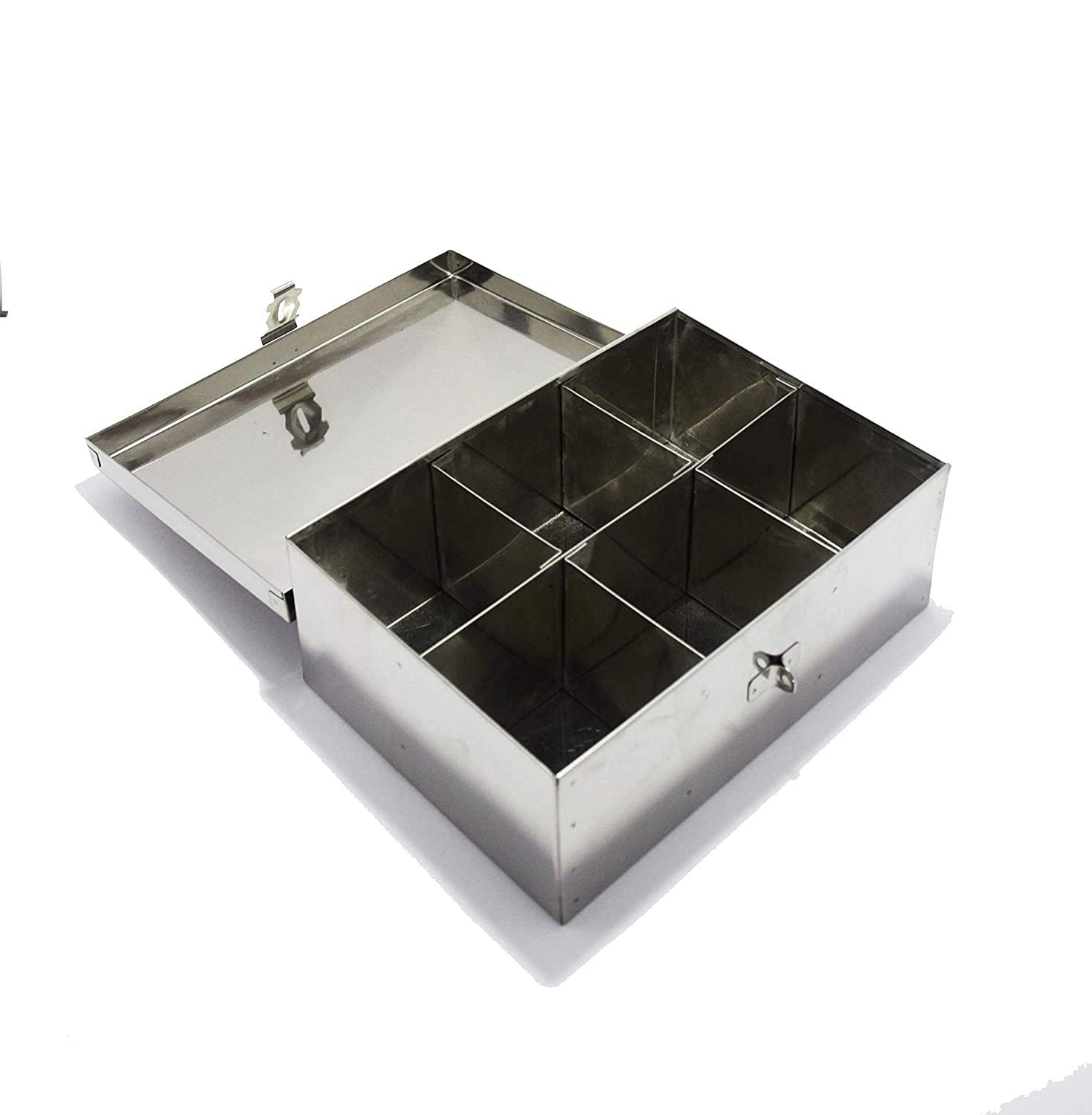 Ginoset Stainless Steel Spice Box, 6 Compartment, Masala Dabba Utility Container, Masala Peti (Steel) W10, H3, L7