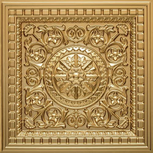Decorative PVC Faux Tin Ceiling Tiles (Drop in), 24x24,2'x2', Pack of 6, 24 sq.ft. - D215 (Brass)