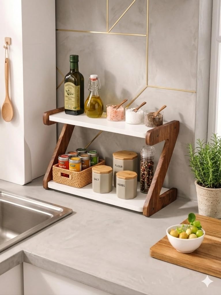 U T E E Z Kitchen Organizer Items And Storage, Kitchen Organiser, Kitchen Stand, Kitchen Rack Organizer, 2Tier Wooden Spice Rac
