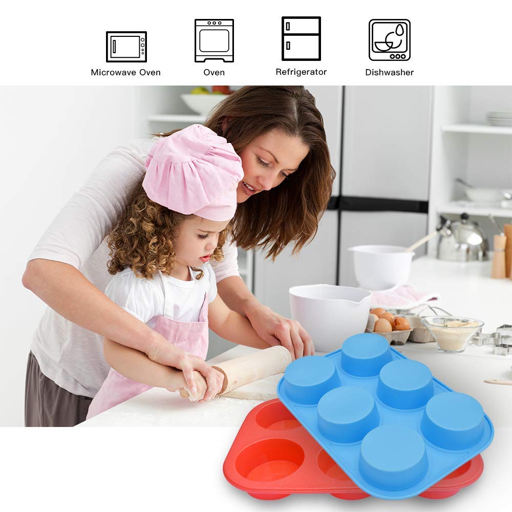 Homedge 6-Cup Silicone Muffin Pan, Pack Of 3 Non-Stick Muffin Cupcake Molds-Blue And Red