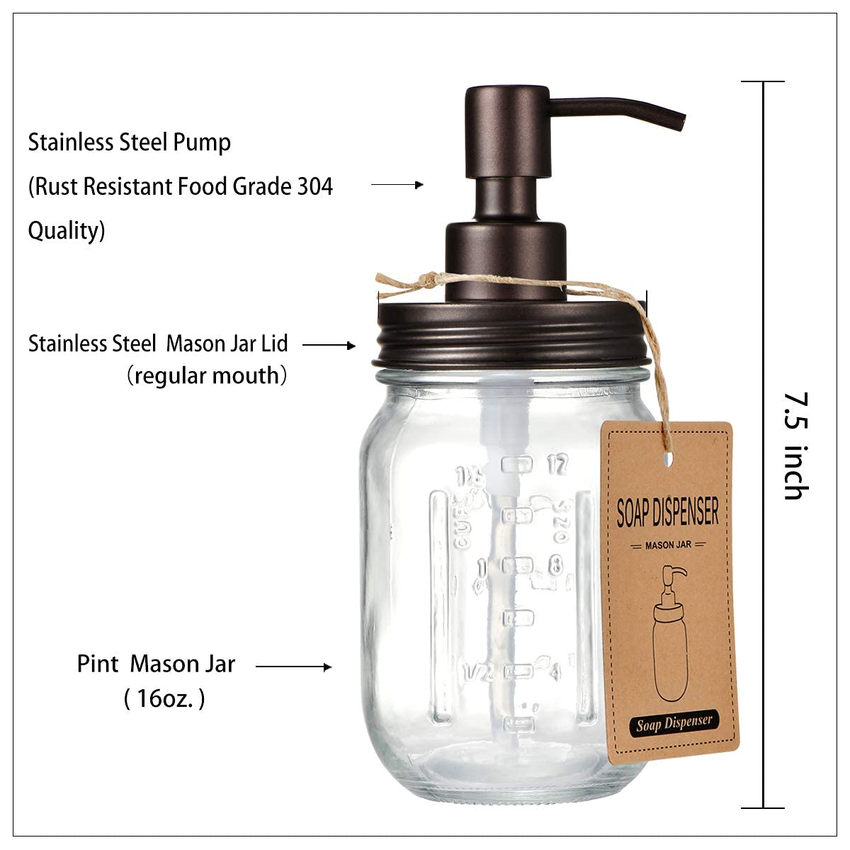 Amolliar Mason Jar Liquid Soap Dispensers, Rustproof Stainless Steel Mason Jar Lid Pump, Refill Hand Soap, Lotions, Dish Soap, L