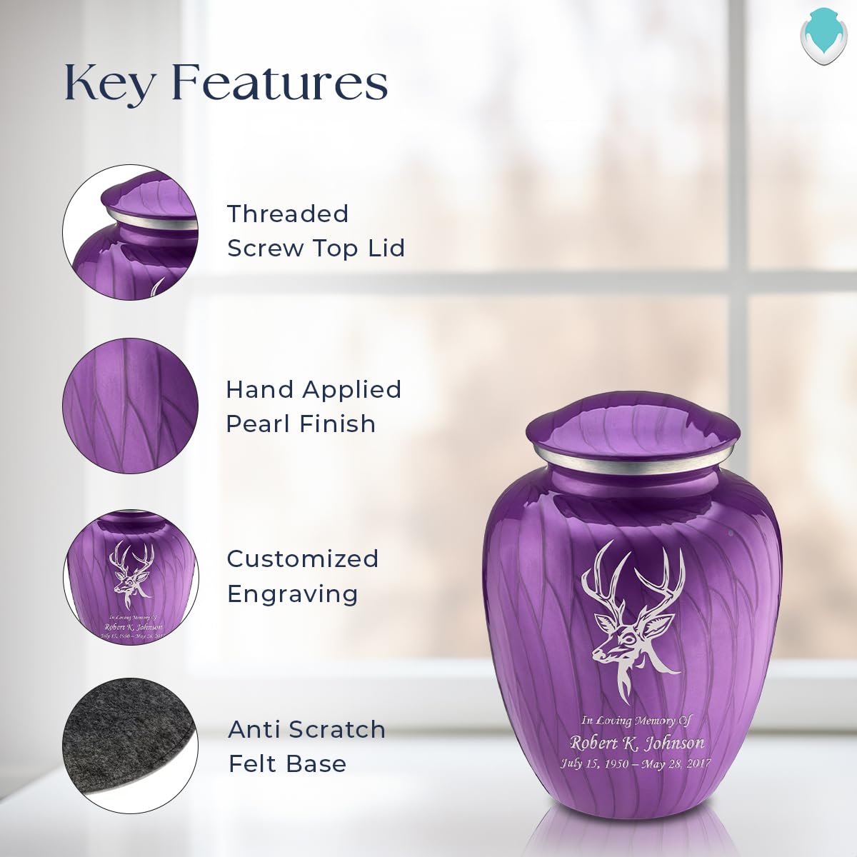 Geturns - Small Personalized Deer Cremation Urns for Human Ashes I Pearl Purple Funeral Urn for Men and Women I 44 lbs