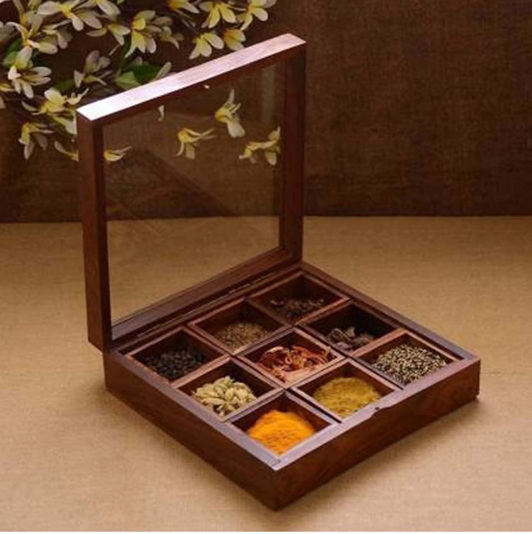Delux Wood Carver Spice Box With Spoon In Shesham Wood For Kitchen Indian 9 Container With Lid Decorative Masala Dabba Organizer