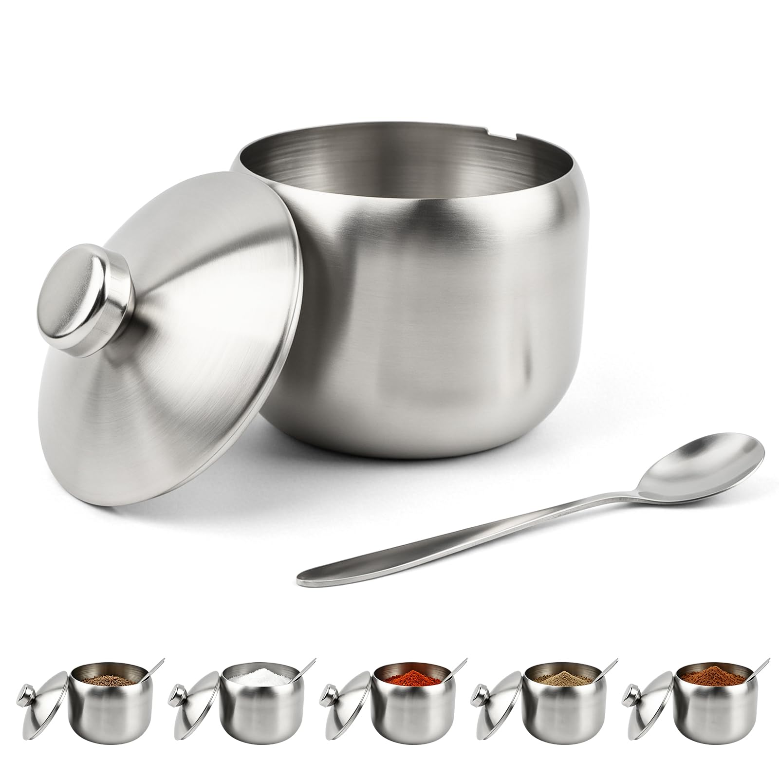 Lovarisse 15oz Stainless Steel Sugar Bowl with Lid And Spoon,Stainless Steel Sugar Container Kitchen Sugars Holder Jar Counterto