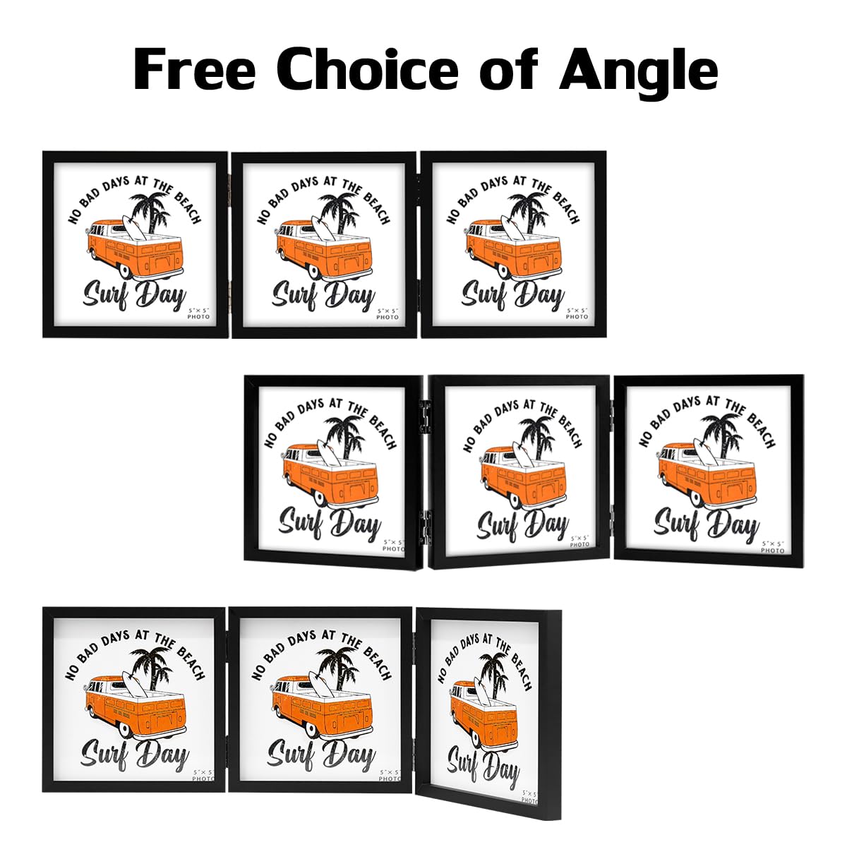 3 Picture Frame 5x5 Black Triple Hinged MDF Wood with Glass Front Three Opening Photo Frame Stand Vertical on Tabletop