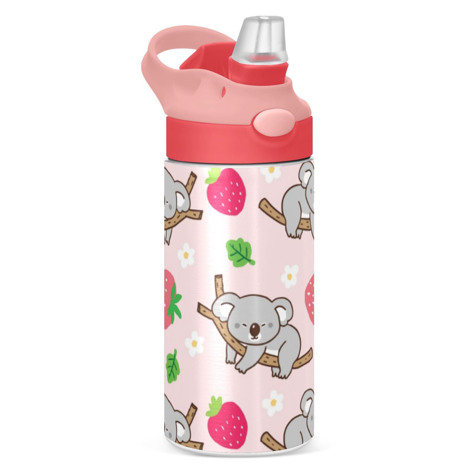 Kigai Koala Strawberry Kids Water Bottle, Insulated Stainless Steel Water Bottles with Straw Lid, 12 oz BPAFree Leakproof Duck 