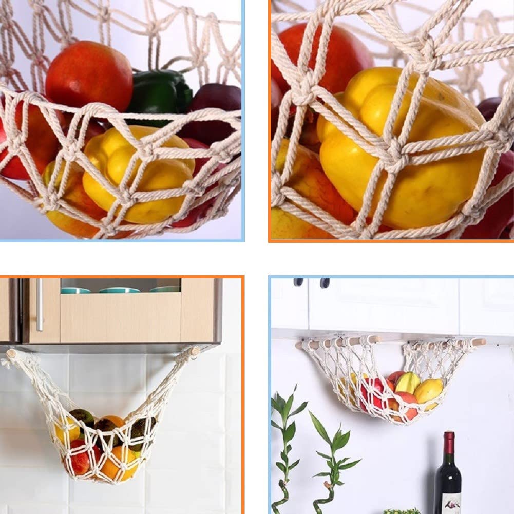 Anptght Cotton Fruit Basket With 5 Hooks, 10-20 Fruits Capacity, Under Cabinet Storage