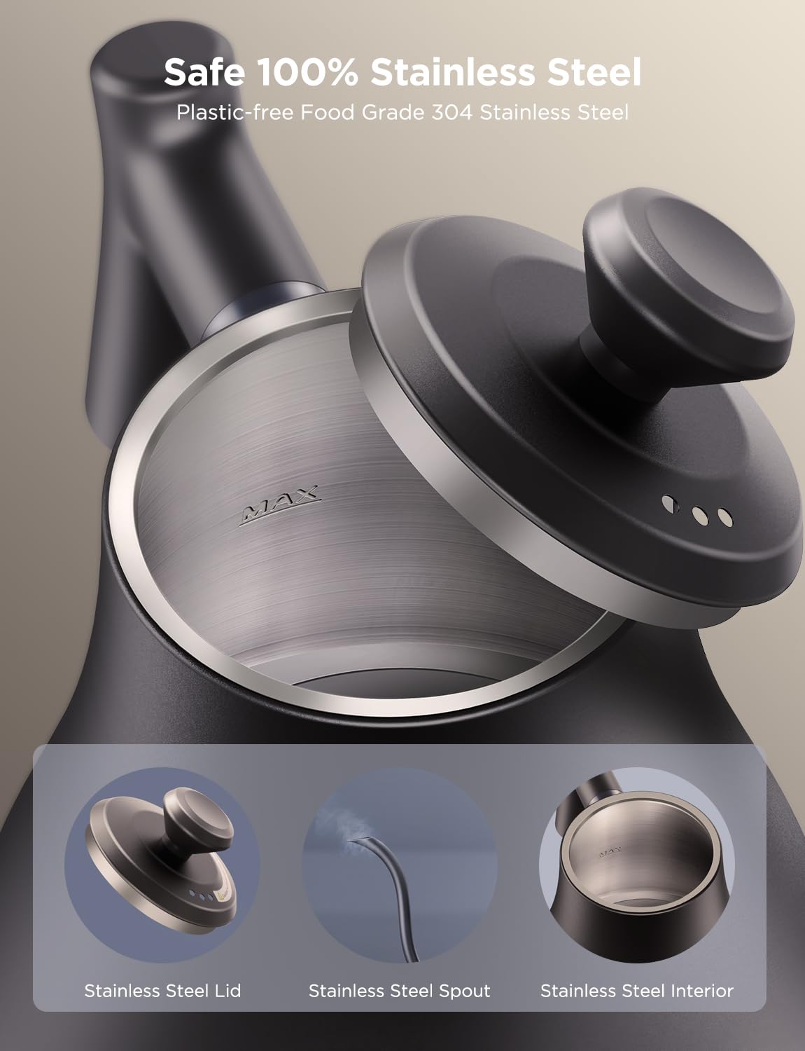 Govee Smart Electric Kettle, 0.8L WiFi Gooseneck Tea Kettle, 1200W Stainless Steel, Alexa Control, Matte Black, Model H7170
