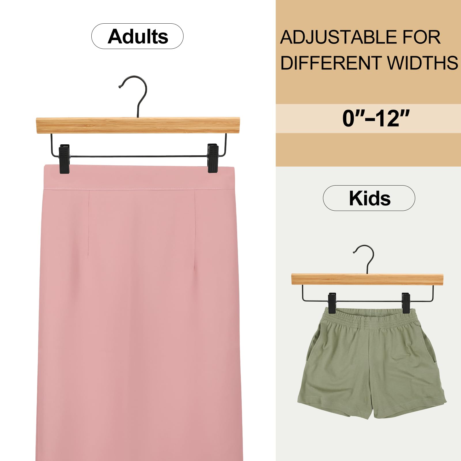 Topia Hanger Pants Hangers 20 Pack, Bamboo Clothes Hangers With Black Clips And Rotatable Hook, Durable Natural Wooden Hangers F