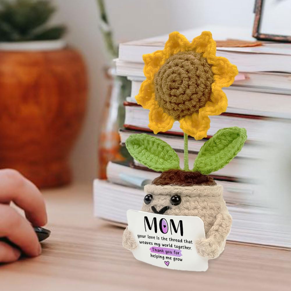 Mini Birthday Gifts for Mom, Mom Gifts from Daughters Thank You for Helping Me Grow, Emotional Support Crochet Sunflower Plant A
