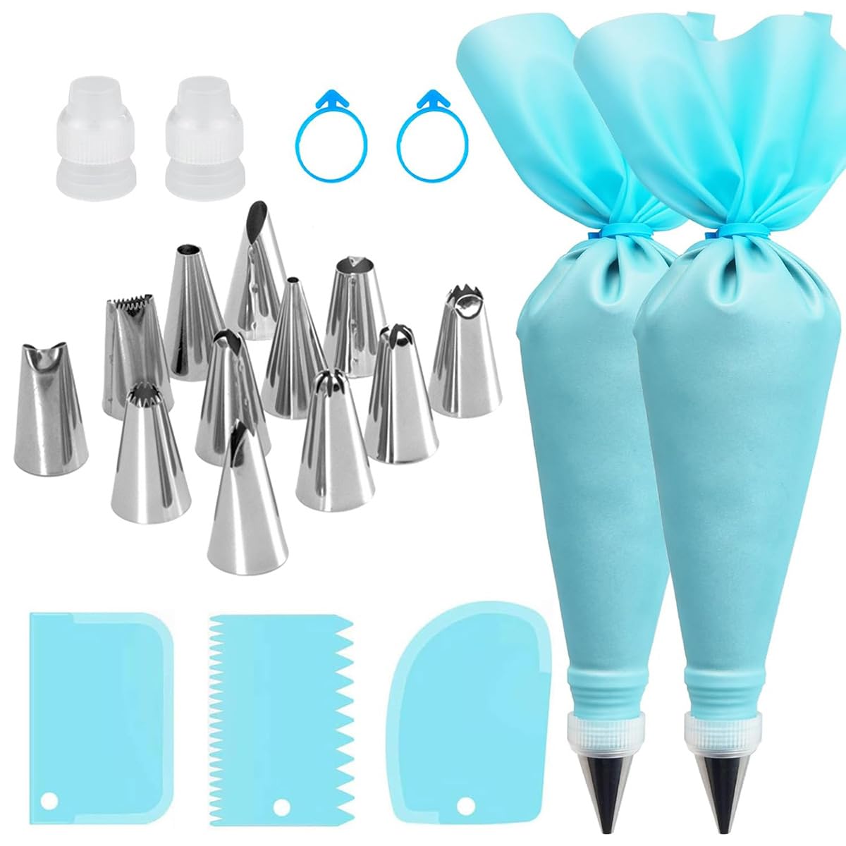 Preptep Piping Bags And Tips Set, Reusable Cake Decorating Supplies With 2 Reusable Bags, 12 Icing Tips, 2 Silicone Rings, 2 Cou