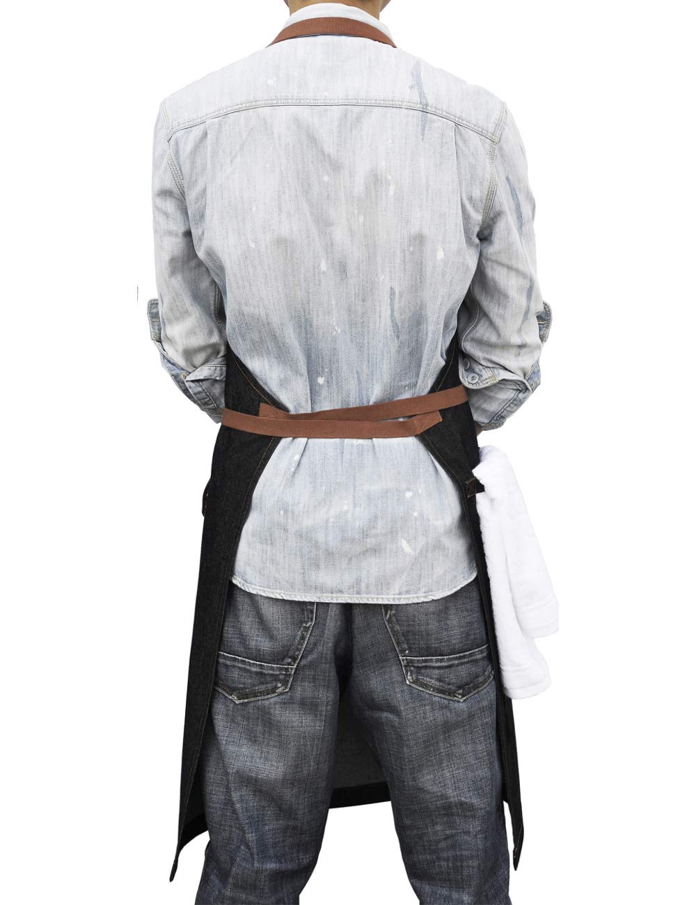 Dingsay Trendy Denim Chef Apron With Pockets, Mens Womens Professional Kitchen Bib Black Apron For Cooking Grill Bbq Server, Wit