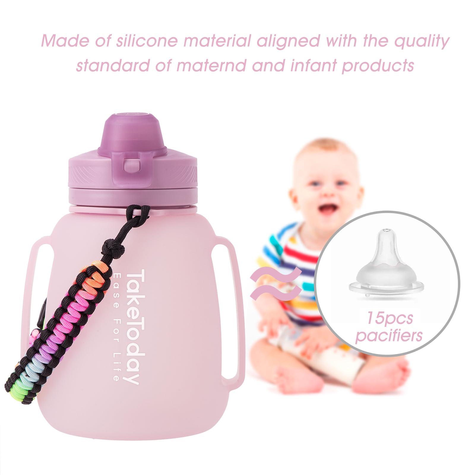 TakeToday 40 OZ Motivational Water Bottle with Straw and Paracord Handle 1.2L Silicone Sports Water Bottle with Time Marker(Purple)