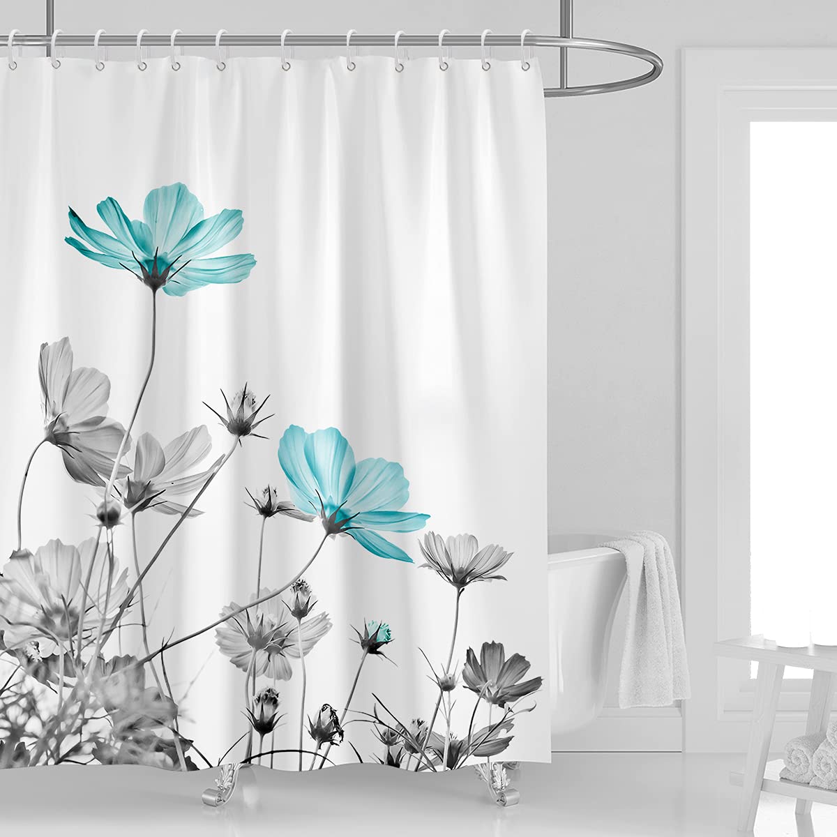 Kikiry Teal And Gray Floral Shower Curtain 60''W X 72''L Daisy Flower Elegant Wildflower Design Farmhouse Polyester Fabric Water