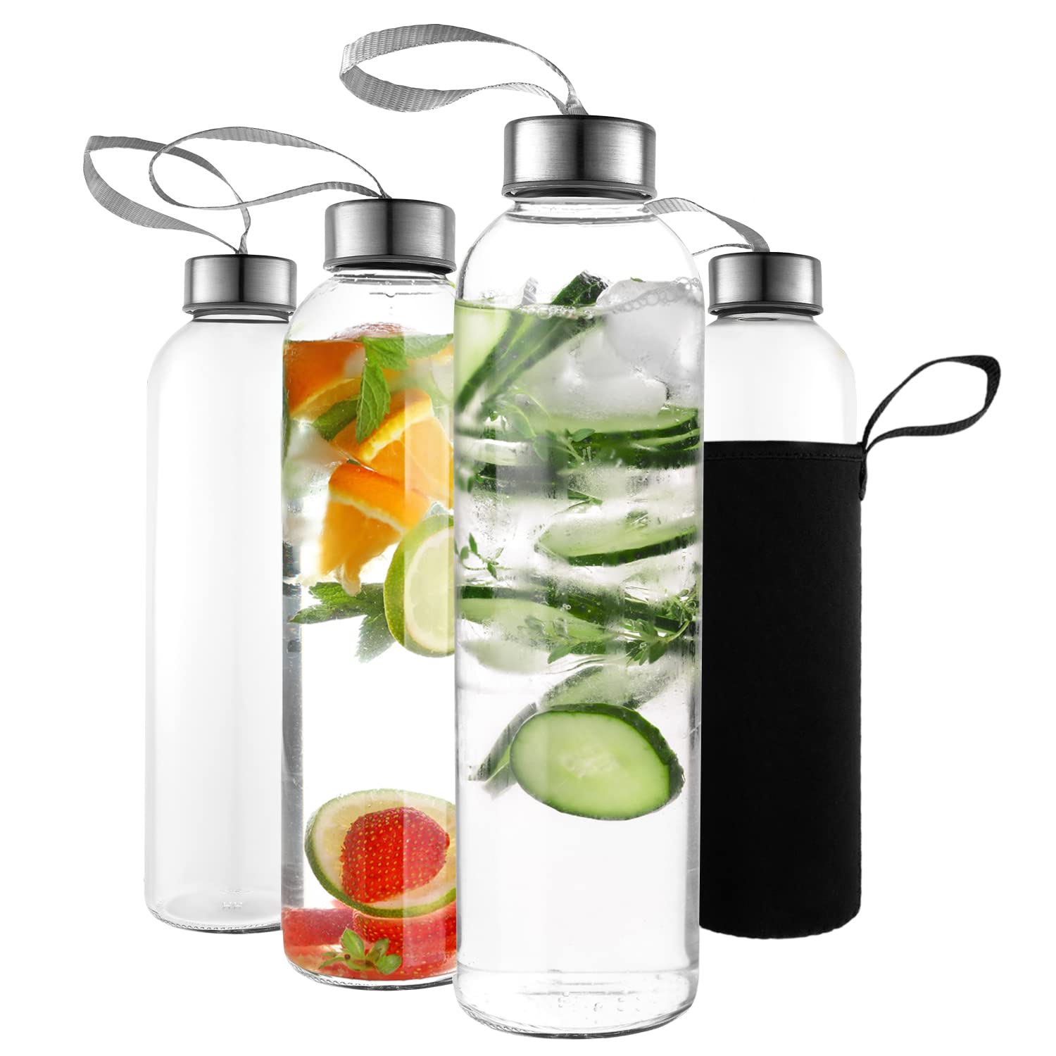 Kitchen Lux 24oz Glass Water Bottles (Set of 4) w/Nylon Protective Sleeves