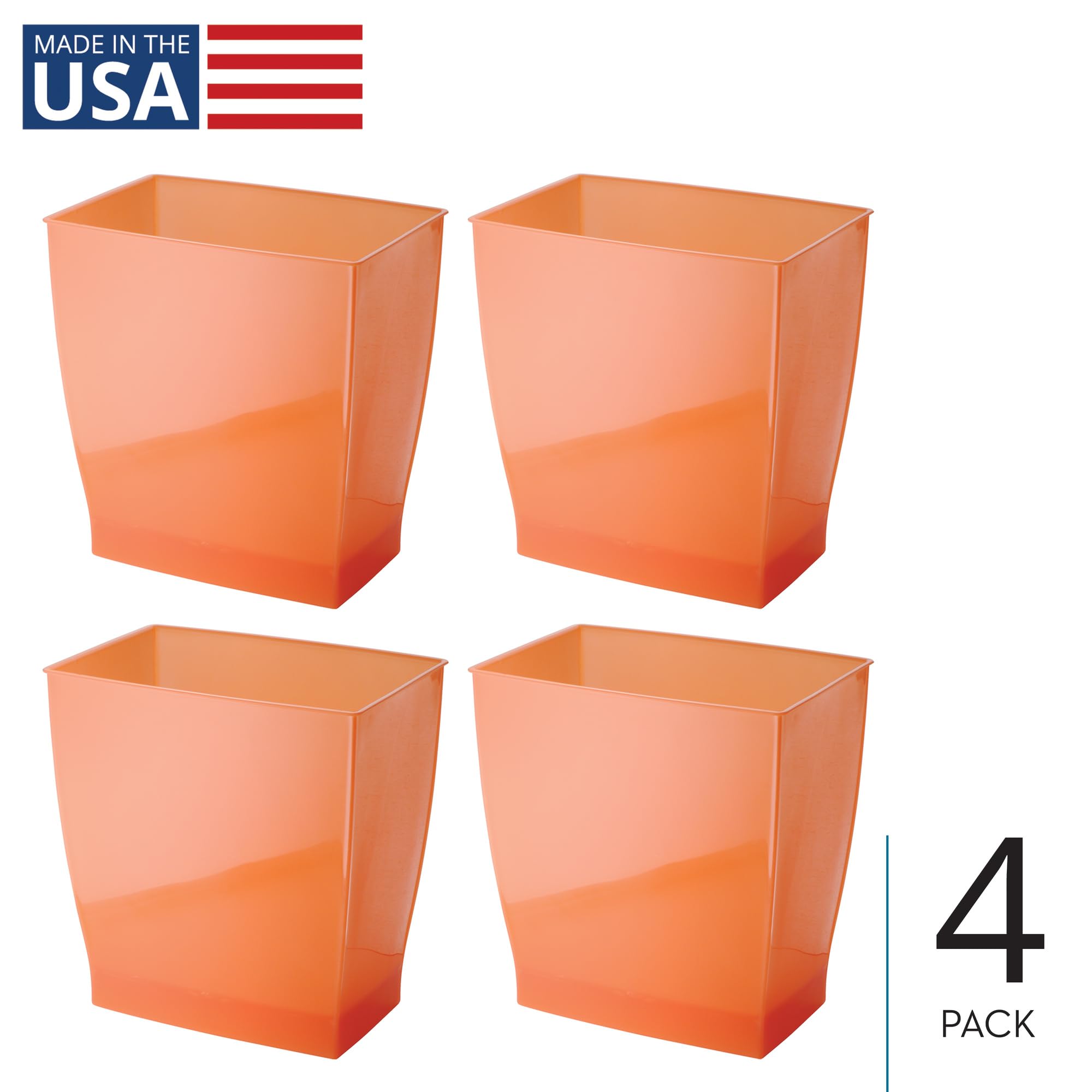 iDesign Small Plastic Bathroom Trash Can, Slim Rectangle Garbage Bin for Bedroom, Office, Dorm, 4-Pack, Orange