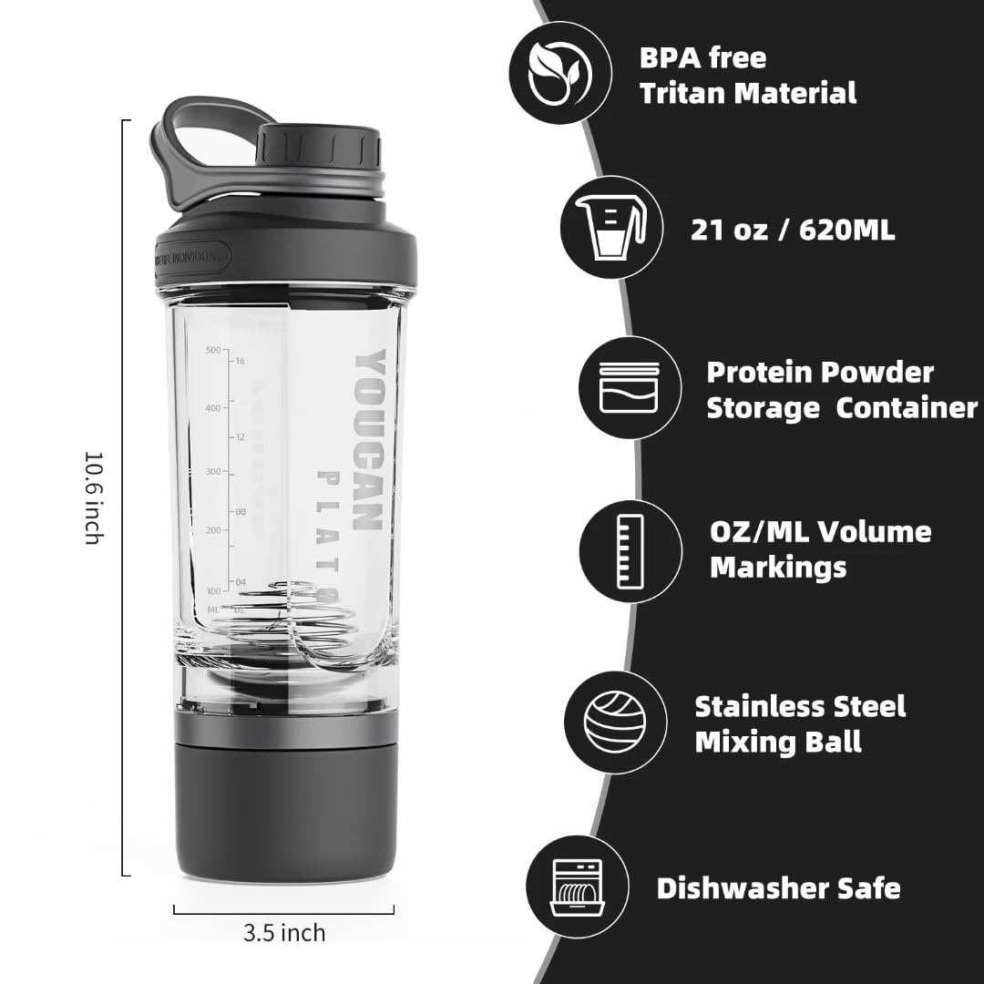 21oz Protein Shaker Bottle with Powder Storage Container-Shaker Cups for Protein Shakes-pre workout bottle-Mixer Cup-Gym Sport Water Bottle -Made with Tritan BPA Free with Wire Whisk Balls (Black)